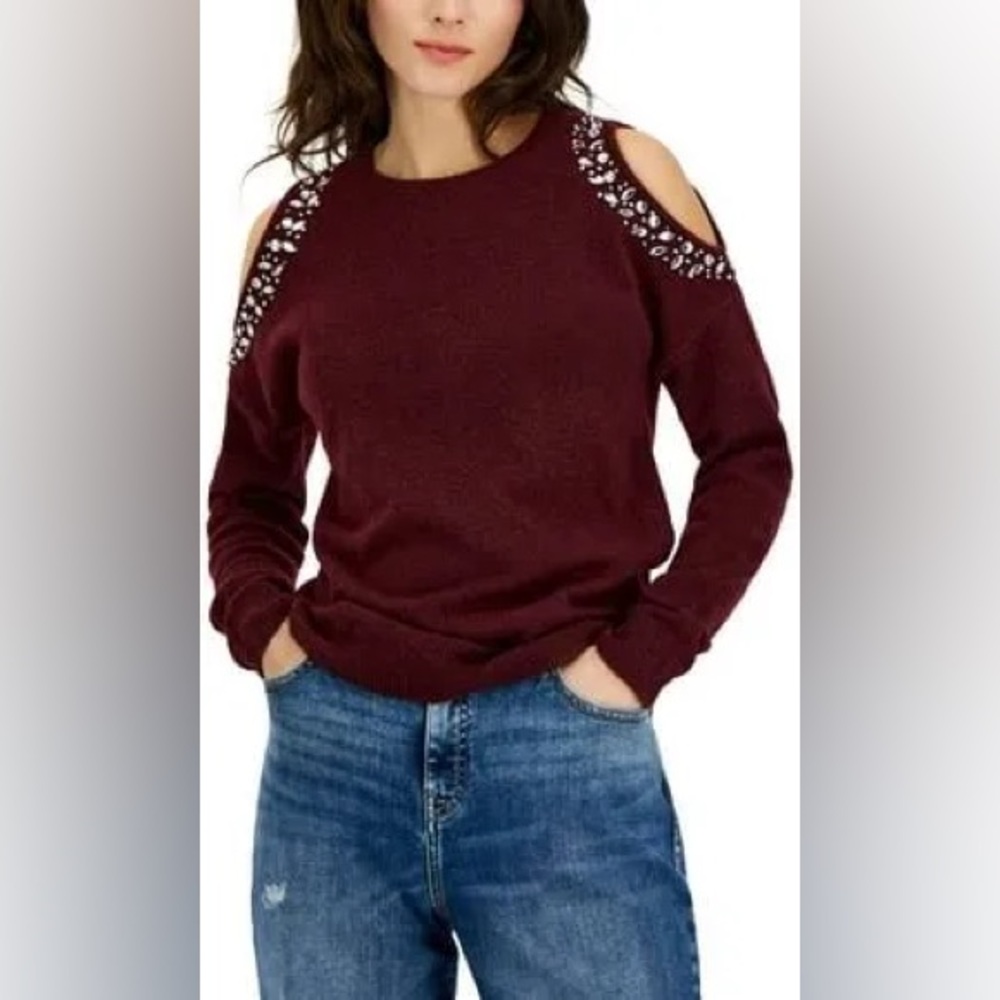 INC International Concepts Women's Jewel-Studded Cold-Shoulder Sweater.R13B